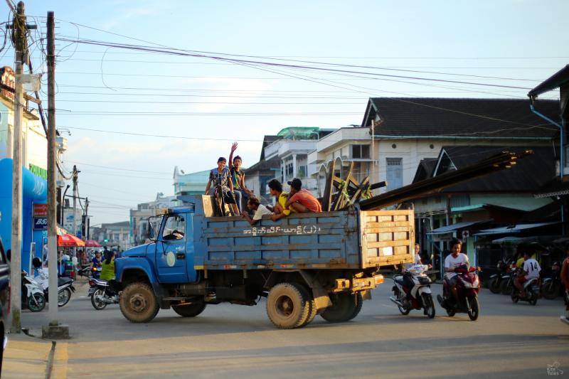 Workers on a truck in the streets of Dawei