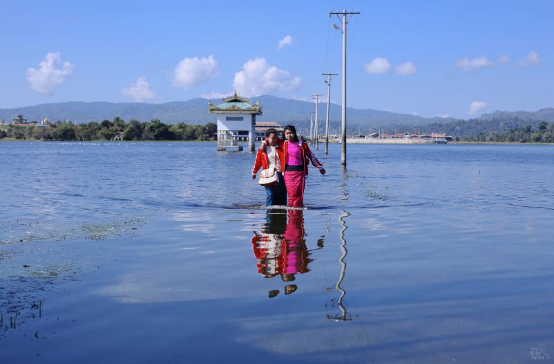 The route to the pagoda is across the lake